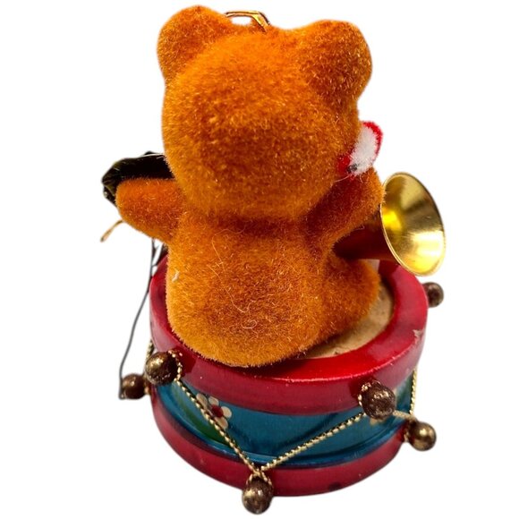 Vintage Flocked Teddy Bear Christmas Ornament With Drum & Train Toys Mini 2.5" - Picture 5 of 6